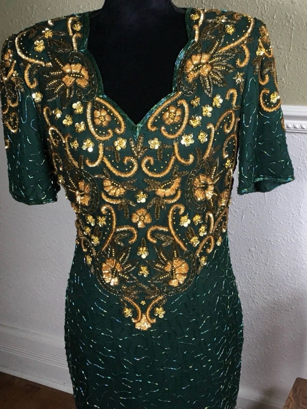 Laurence Kazar Dark Green Evening Dress with Gold Embellishment